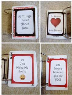 four pictures of different key chains with magnets attached to them, one has a red heart and the other says i love you make me smile