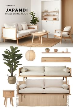 the interior of a living room with white furniture and plants in vases on shelves