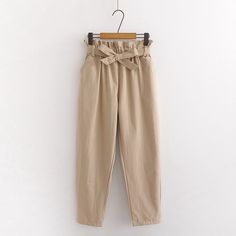 Bow Lace-Up Elastic Waist Casual Women Pants Apricot One Size Fall Season Beige Non-stretch Harem Pants, Solid Color Cotton Harem Pants For Fall, Cotton Solid Color Harem Pants For Fall, Fall Solid Color Cotton Harem Pants, Beige Cotton Harem Pants For Fall, Fall Beige Cotton Harem Pants, High Waist Beige Cotton Harem Pants, Solid Color Paperbag Waist Bottoms With Elastic Waistband, Solid Paperbag Waist Bottoms With Elastic Waistband