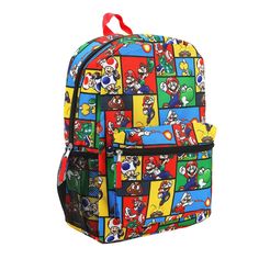 a multicolored backpack with mario and luigi characters all over it, on a white background