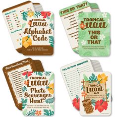 four tropical themed coasters with the words tropical alphabet code on them and an image of a