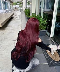 Cherry Hair Girl, Red Wine Color Hair, Long Cherry Red Hair, Long Wine Red Hair, Dark Red Hair Halloween Costumes, Long Red Hair Aesthetic, Cherry Red Hair Aesthetic, Raspberry Red Hair, Long Dark Red Hair