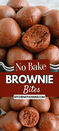 no bake brownie bites are stacked on top of each other in a bowl