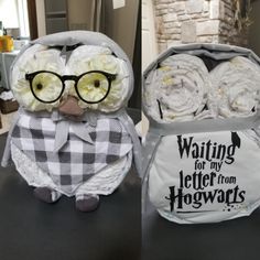 two pictures of an owl with glasses and diapers