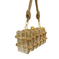 Exquisite Elegance: Designer Woven Diamonds Shoulder Bag Trendy Rectangular Box Bag For Party, Rectangular Box Bag With Chain Strap For Parties, Party Rectangular Box Bag With Chain Strap, Rectangular Party Box Bag With Chain Strap, Gold Square Box Bag Fashion Accessory, Chic Clear Clutch For Party, Chic Clear Party Clutch, Gold Rectangular Bag With Clear Strap, Trendy Rectangular Evening Bag For Parties