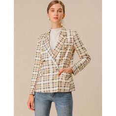 Allegra K Women's Notched Lapel Double Breasted Plaid Formal Blazer Jacket : Target Prep School Style, Spring Blazer, Drawstring Jacket, Formal Blazer, Checked Jacket, Checked Blazer, Holiday Weekend, Plaid Blazer, Plaid Jacket