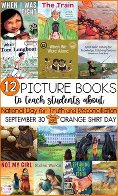 an orange and white poster with the words pictures books to teach students about national day