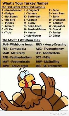 a cartoon turkey with the words what's your turkey name? and an image of a