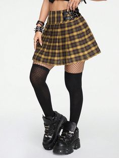 Women's College Pleated  Plaid Stitching PU Leather Button Skirt Yellow Casual   Polyester Plaid Pleated Non-Stretch  Women Clothing, size features are:Bust: ,Length: ,Sleeve Length: Wacky Fashion, Ropa Punk Rock, Yellow Plaid Skirt, Plaid Pleated Skirt, Button Skirt, Punk Outfits, Yellow Plaid, Pleated Mini Skirt, Plaid Skirts