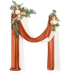 an orange and white wedding arch decorated with flowers