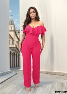 Bormay - Ling He Ye Bian Elegant Waist Cinching Jumpsuit with Ruffled Hem Pink Party Jumpsuits And Rompers With Ruffles, Pink Party Jumpsuits With Ruffles, Fitted Ruffled One-piece Jumpsuits And Rompers, Fitted Pink Jumpsuit With Ruffles, One-piece Ruffled Jumpsuits And Rompers For Party, Pink Fitted Jumpsuits And Rompers With Ruffles, Waist Circumference, Cinched Waist, Dressmaking