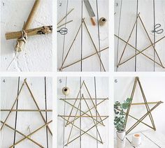 the steps to make a diy christmas star decoration with sticks and twine,