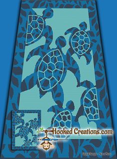 a cross stitch pattern with sea turtles on blue and black background, in the shape of a rectangle