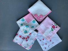 Eclectic set of 5 vintage handkerchiefs. These are varied in material and size but all are embellished with florals and flourishes in green and pink. These could be used in crafty projects, display or use in their intended way. These are all in good, useable condition with just minor wear or discoloration. Vintage Pink Handkerchiefs For Wedding, Vintage Pink Wedding Handkerchiefs, Retro Pink Handkerchiefs As Gift, Vintage Handkerchiefs, Crafty Projects, Pink And Green, Scarf Accessory, Green, Floral