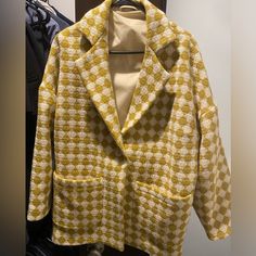 Brand New, Never Had Tags, Hand Made Wool Jacket. This Is A Beautiful Jacket And I Am So Sad, But It Is Simply Too Big For Me And I Am Not Able To Return It. Chic Yellow Single Breasted Outerwear, Trendy Long Sleeve Yellow Blazer, Chic Yellow Single-breasted Outerwear, Trendy Yellow Long Sleeve Blazer, Trendy Yellow Blazer For Fall, Chic Yellow Fall Blazer, Chic Yellow Blazer For Fall, Yellow Single Breasted Blazer With Lapel Collar, Trendy Yellow Outerwear For Work