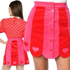 XS (2) / Small (4) / Medium (6-8) / Large (10-12) / XL (14) Jennifer is 5’4” & wearing a Size XS Embroidered Hearts Pockets Scalloped Hem Corduroy Heart Buttons View Valentines Collection ➡️ HERE Heart Shaped Clothes, Pink And Red Outfit, Heart Overalls, Valentine Sewing, Valentines Fashion, Funky Clothing, Heart Skirt, Meg Griffin, Valentines Collection