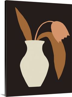 a white vase with two brown flowers in it on a black background canvas wall art print