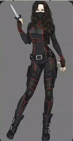 Ninja Suit Design Female, Super Villains Costumes, Spy Suit Design, Hydra Suit Female, Dr Suits Marvel, Villain Costume Ideas Drawing, Cool Assassin Outfit, Battle Hairstyles Women, Black And Red Superhero Suit Female