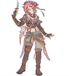 a woman with pink hair holding two swords