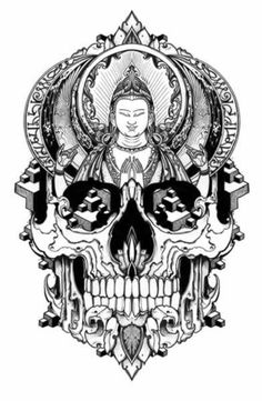 a black and white drawing of a skull with an image of buddha in the middle