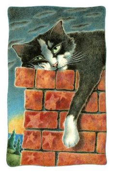 a drawing of a cat laying on top of a brick wall with its eyes closed