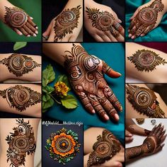 many different pictures of henna designs on the hands and feet, all showing intricate details