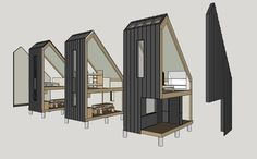 three different types of storage units with doors open and shelves on each side, all in various sizes