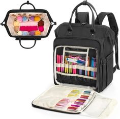 an open black backpack with crayons in it and the back compartment filled with markers