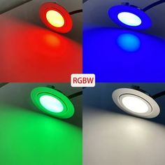 four different colored lights on the ceiling and below them are red, green, blue, yellow, and white