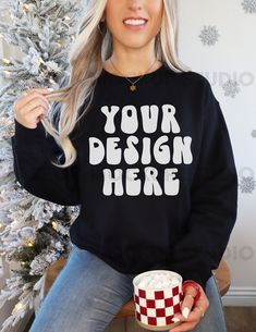 This Gildan 18000 Christmas Black Sweatshirt Mockup is the perfect way to showcase your designs! This item is a digital file, no physical item will be shipped. ❁ WHAT'S INCLUDED ❁ * 1 JPG file * Image size: 2700 x 3500 px, 72 DPI * Your image will come without watermarks **Please note: depending on your design size and location, certain aspects of the mockup such as hair placement may interfere with the design area** ❁ HOW IT WORKS ❁ * Purchase the mock up * Download it from Etsy * Open the image in your preferred design software * Overlay your design * Save image * Upload to your store ❁ MODEL SPECS ❁ * Height: 5'4" * Weight: 105 lbs * Wearing: Small ❁ TERMS OF USE ❁  * For business or personal use to showcase your designs * Images cannot be used blank, you must overlay some sort of desig Winter Black Top With Custom Print, Black Custom Print Top For Winter, Black Custom Print Tops For Winter, Custom Print Black Winter Sweatshirt, Winter Black Sweatshirt With Custom Print, Black Custom Print Sweatshirt For Winter, Sweatshirt Model, Christmas Mockup, Printable Htv