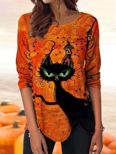 Zolucky offers stylish and concessional T-shirts.. SPU: 294UTO70D03E, Color: Orange Red Blue Green, Theme:Spring/Fall, Collection:NL. Halloween Top, Halloween Long Sleeve, Plus Size Halloween, Halloween Orange, Printed Tunic Tops, Long Sleeve Tops Casual, Graphic Tops, Spring Shirts, Long Sleeve Knit Tops