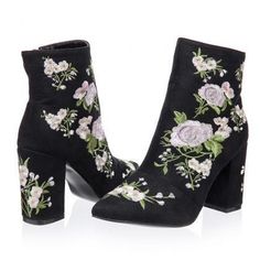 Floral Embroidered Black Suede Pointed Toe Ankle Boots on Luulla Trendy Embroidered Winter Boots, Winter Floral Print Boots, Embroidered Pointed Toe Boots For Fall, Fall Embroidered High Heel Boots, Black Floral Embroidery Boots For Fall, Elegant Embroidered Pointed Toe Boots, Party Boots With Floral Print And Pointed Toe, Black Boots With Floral Embroidery For Fall, Embroidered High Heel Boots For Spring