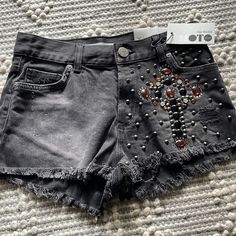 Brand New Dark Grey Denim Embellished Top Shop Shorts. Studded Details In Shape Of Cross. 3 Button Closure. Usa Size 4 W26 Embroidered Mom Jeans, Embellished Shorts, Mom Denim, Mom Jeans Shorts, Topshop Jeans, Petite Shorts, Lined Jeans, Denim Cutoff Shorts, Denim Cutoffs