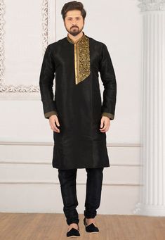 Embroidered Art Silk Kurta Set in Black Boys Kurta Design, Kurta Pajama Men, Gents Kurta Design, Gents Kurta, Black Indians, Men's Kurta, Kurta Men, Mens Kurta Designs, Boys Kurta