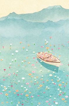 a boat floating on top of a body of water filled with lots of colorful flowers