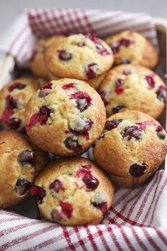 muffins in a basket with red and white checkered paper