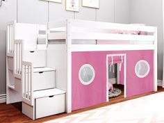 a child's loft bed with stairs and storage drawers in the bottom bunk area