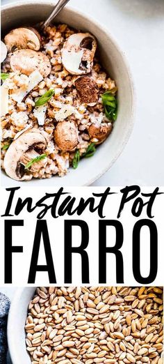 instant pot farro recipe with mushrooms and spinach in a bowl, on a white background