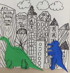 a drawing of two dinosaurs in the city