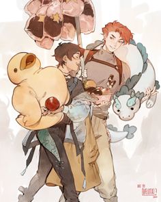 two people holding an umbrella and a stuffed animal in front of them with other characters behind them