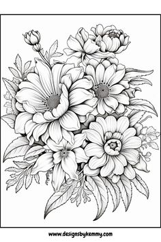 a bouquet of flowers is shown in this black and white coloring book page for adults