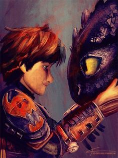 a painting of a boy and a dragon with their hands on each other's face