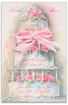 a three tiered wedding cake with pink flowers and ribbons on it's side