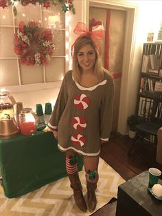 Gingerbread Dress Up, Homemade Christmas Outfits, Candy Cane Ugly Sweater Ideas, Gingerbread Diy Costume, Christmas Costume Ideas Diy, Grinch Christmas Party Outfits, Gingerbread Christmas Sweater, Gingerbread Costume Women