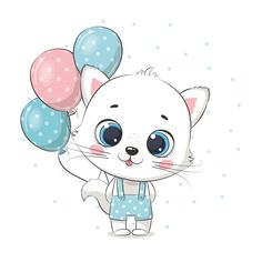 a white cat with blue and pink balloons in its paws, holding it's tail