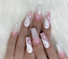 Pink and white Ying & Yang press on nails Jin Jang, Manicure Gel, Pedicure Designs, Nagel Tips, Fake Nails With Glue, Long Square Acrylic Nails, Ballerina Nails, Stick On Nails, Square Acrylic Nails