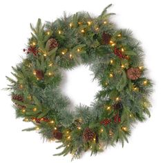 a christmas wreath with pine cones and lights