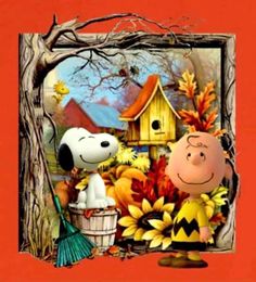 a charlie brown thanksgiving card with a dog and sunflowers in front of a birdhouse