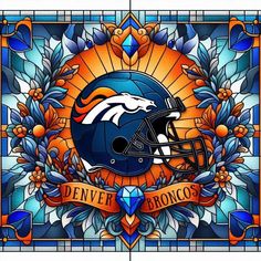 a stained glass window with a denver football helmet on it