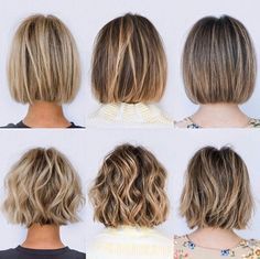 the back of a woman's head with short hair in five different styles and colors